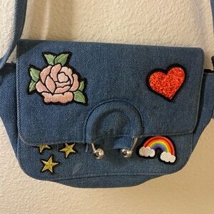Y2K denim shoulder purse with embroidered whimsy!